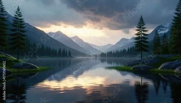 Obraz Serene Mountain Lake Landscape Reflecting Cloudy Sky.