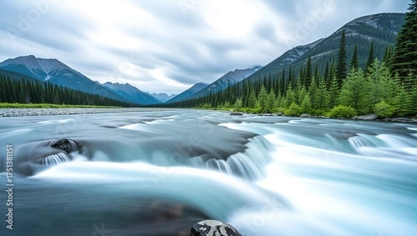 Obraz Serene Mountain River Landscape with Lush Forests and Cloudy Sky.