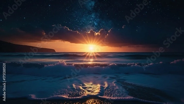 Obraz Serene Ocean Sunset with Starry Sky Reflection.