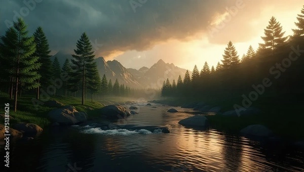 Obraz Serene River Landscape at Sunset with Mountains and Forest.
