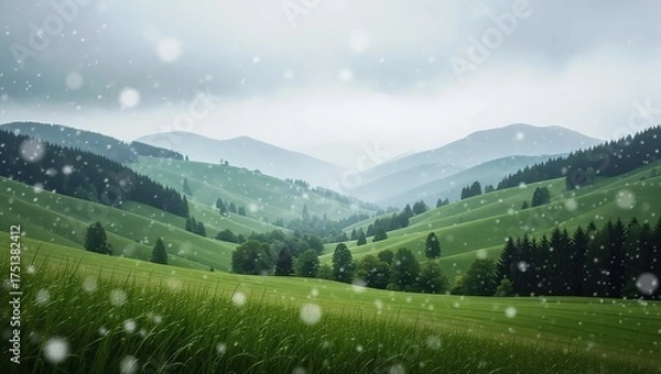 Obraz Snow falling over lush green mountain valleys.
