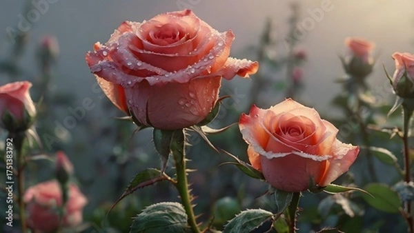 Obraz Close-up of pink roses with water droplets, soft focus, garden in background, floral beauty