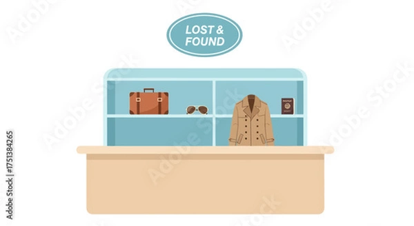 Fototapeta Lost and found items at a service counter, flat design illustration