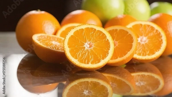 Fototapeta Fresh Sliced Oranges and Whole Fruits on a Reflective Surface.