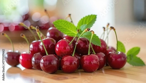 Obraz Freshly picked red cherries with green mint leaves on a wooden surface.