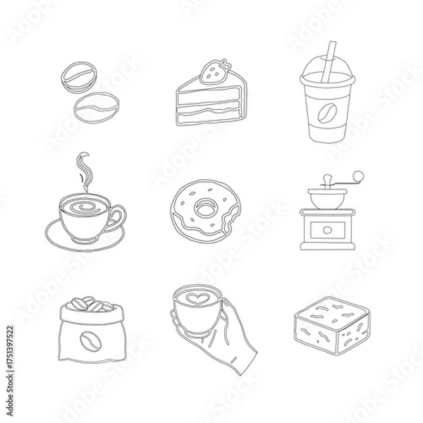 Obraz Hand Drawn Coffee and Dessert Vector Set. A curated collection of minimalist hand-drawn coffee and sweet treats illustrations. Modern coffee shop vector set featuring cups, pastries, and desserts.
