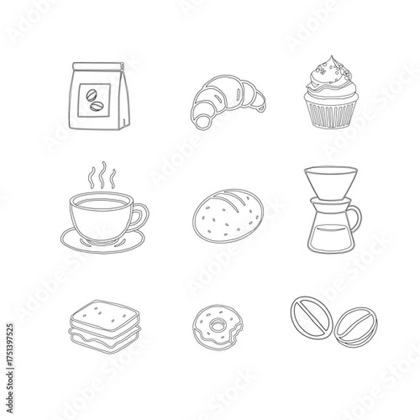 Obraz Hand Drawn Coffee and Dessert Vector Set. A curated collection of minimalist hand-drawn coffee and sweet treats illustrations. Modern coffee shop vector set featuring cups, pastries, and desserts.