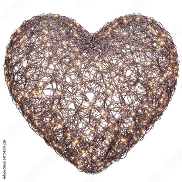 Obraz Illuminated Woven Heart Decoration with Warm Golden Fairy Lights on a White Background Perfect for Valentine's Day or Romantic Celebrations with a