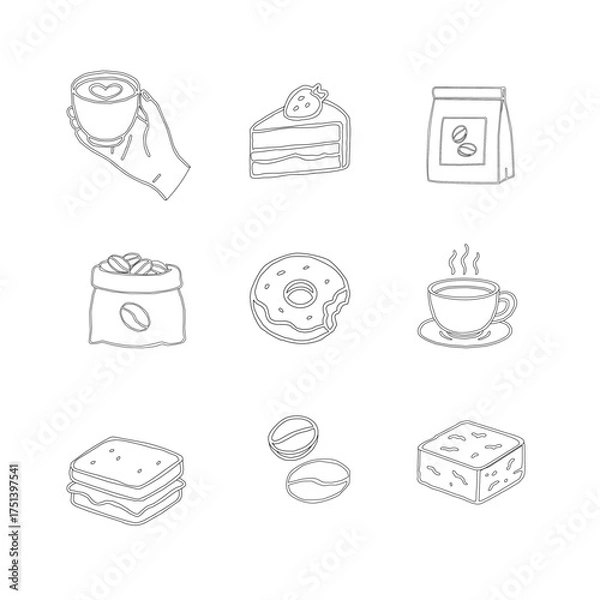Obraz Hand Drawn Coffee and Dessert Vector Set. A curated collection of minimalist hand-drawn coffee and sweet treats illustrations. Modern coffee shop vector set featuring cups, pastries, and desserts.