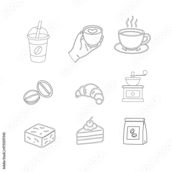 Obraz Hand Drawn Coffee and Dessert Vector Set. A curated collection of minimalist hand-drawn coffee and sweet treats illustrations. Modern coffee shop vector set featuring cups, pastries, and desserts.