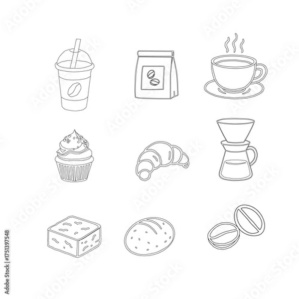 Obraz Hand Drawn Coffee and Dessert Vector Set. A curated collection of minimalist hand-drawn coffee and sweet treats illustrations. Modern coffee shop vector set featuring cups, pastries, and desserts.
