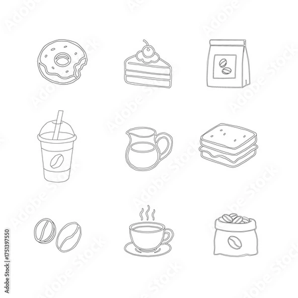 Obraz Hand Drawn Coffee and Dessert Vector Set. A curated collection of minimalist hand-drawn coffee and sweet treats illustrations. Modern coffee shop vector set featuring cups, pastries, and desserts.