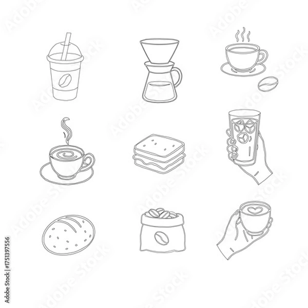 Obraz Hand Drawn Coffee and Dessert Vector Set. A curated collection of minimalist hand-drawn coffee and sweet treats illustrations. Modern coffee shop vector set featuring cups, pastries, and desserts.