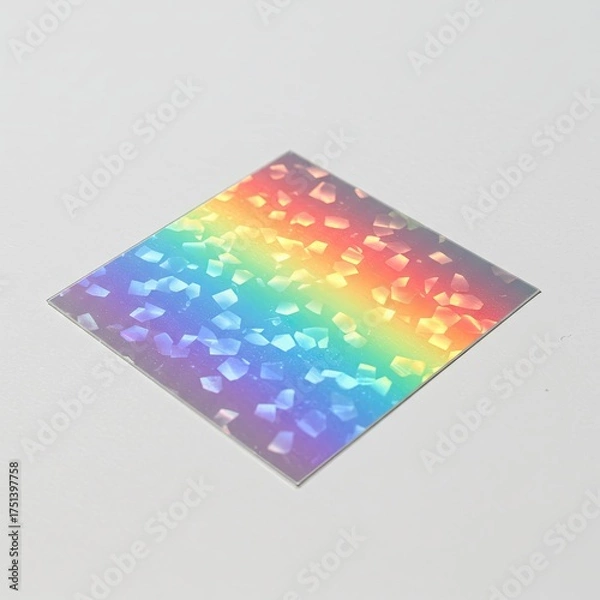 Fototapeta Iridescent holographic square sticker with a dazzling rainbow spectrum and sparkling glitter effect on a clean white background showcasing a vibrant