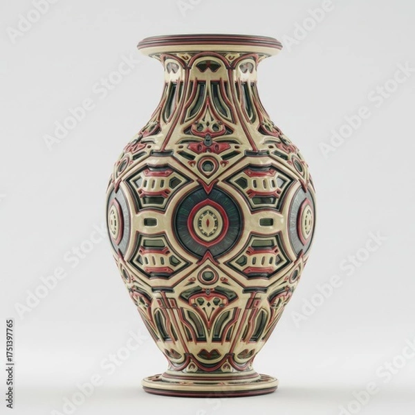 Obraz Intricately Detailed Ceramic Vase Exhibiting a Rich Palette of Red Blue and Cream Tones With an Elaborate Geometric Pattern and a Narrow Neck Ideal