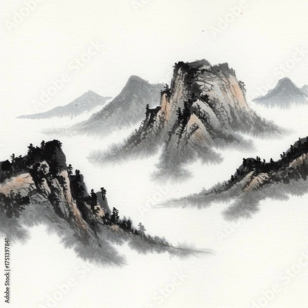 Fototapeta Majestic ancient mountain range shrouded in ethereal mist and fog with a traditional ink wash painting style evoking a sense of serenity and profound