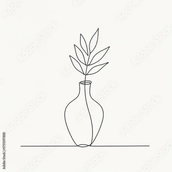 Fototapeta Minimalist single line drawing of a delicate plant stem with slender leaves emerging from a simple vase positioned on a clean horizontal line against