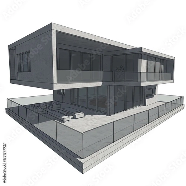 Fototapeta Modern Architectural Residential Building Design Featuring Geometric Shapes and Extensive Glass Facades Showcasing Clean Lines and Open Plan Living