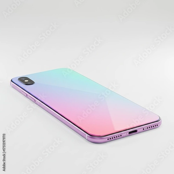 Obraz Modern minimalist 3D render of a sleek smartphone device showcasing a captivating iridescent gradient back panel with pastel pink and turquoise hues