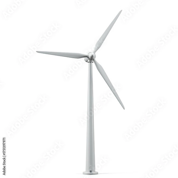 Fototapeta Modern minimalist white wind turbine isolated on a clean white background representing renewable energy and sustainable power generation with three
