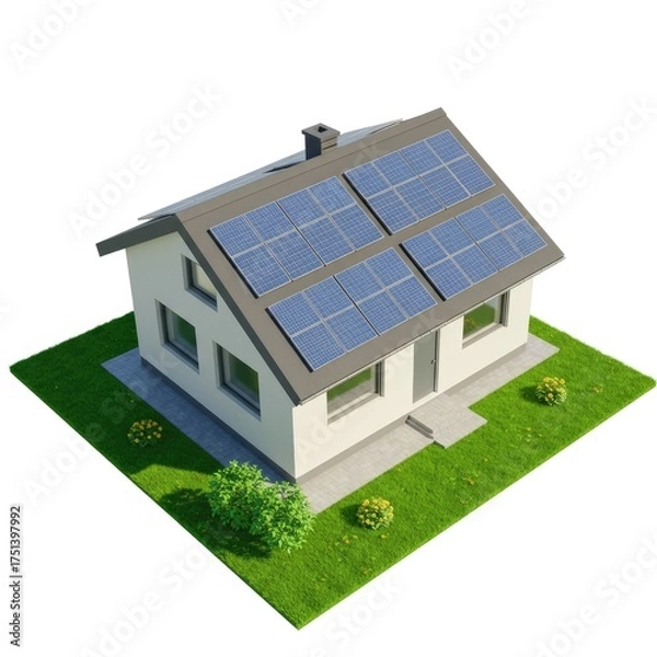 Fototapeta Modern residential house with solar panels installed on the roof generating clean energy surrounded by a green lawn with small yellow flowers and