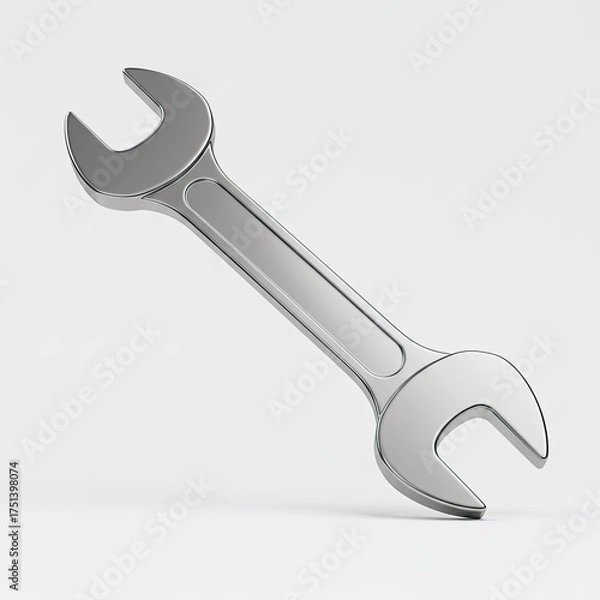 Obraz Polished chrome open-end wrench tool casting a subtle shadow on a clean white studio background highlighting its metallic texture and industrial