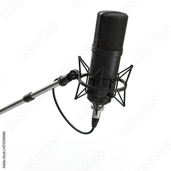 Fototapeta Professional black condenser microphone with shock mount and stand arm positioned for recording audio in a studio environment with a clean white