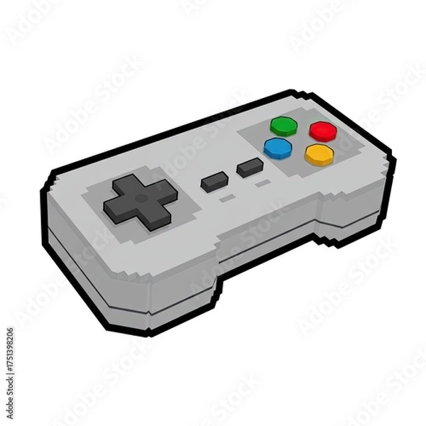 Fototapeta Retro pixel art video game controller in light gray with colorful buttons red green blue yellow and a dark gray directional pad and buttons on a