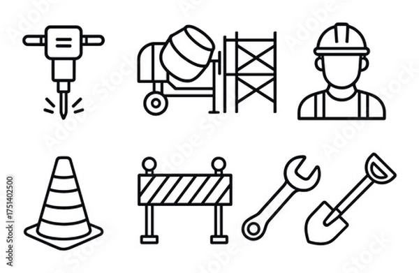 Fototapeta Construction tools and safety gear icons with worker outline on dark background