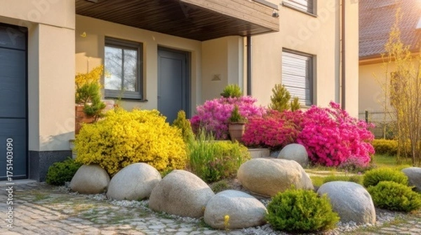 Fototapeta Beautiful residential entrance with colorful blooming flowers and decorative stones in a serene garden setting during golden hour light