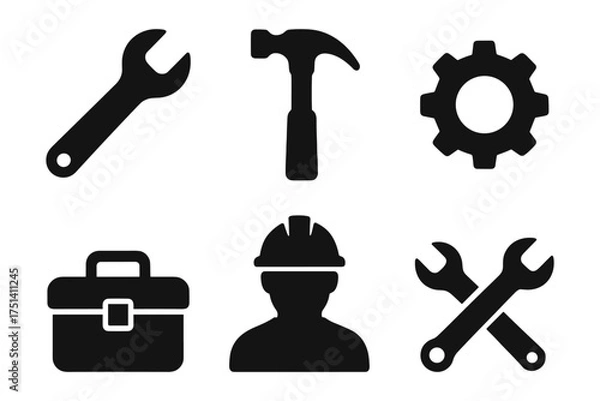 Fototapeta Handyman and workshop silhouette set , wrench, hammer, gear, toolbox, worker