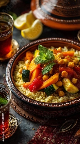 Fototapeta Delight in the vibrant colors and textures of this Moroccan-inspired couscous dish, featuring fresh veggies, chickpeas, and herbs, perfect for a flavorful meal.