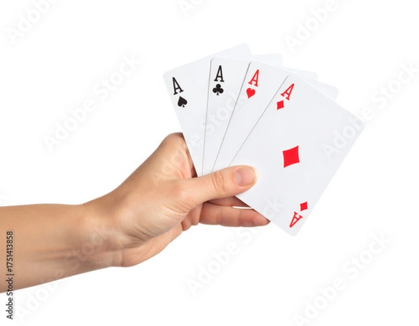 Fototapeta Holding four aces in hand, a winning poker hand signifying luck, success, and game strategy