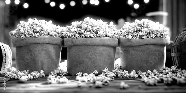 Fototapeta Freshly popped popcorn displayed in burlap sacks at a festive outdoor event during the evening with string lights