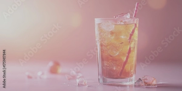 Fototapeta Refreshing drink filled with ice cubes and a straw against a warm background in bright summer light - Low Contrast