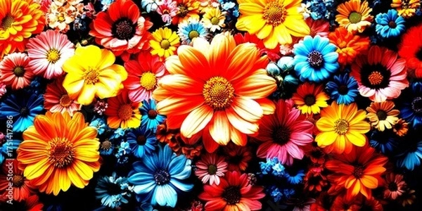 Fototapeta Colorful flower arrangement featuring diverse blooms in vibrant shades during a sunny spring day - High Contrast