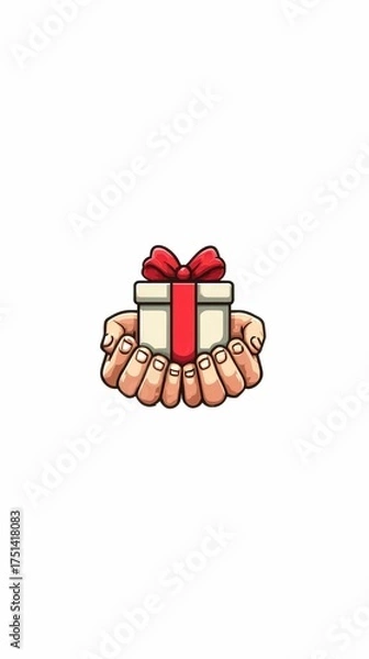 Fototapeta Creative illustration of hands presenting a gift box with a ribbon on a plain background
