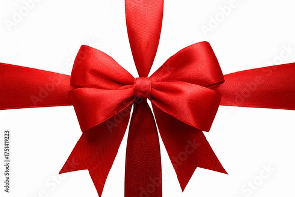 Fototapeta Red gift ribbon with a bow tied in the center, horizontal layout. Isolated on transparent background