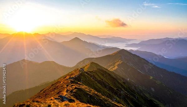 Obraz 太陽が昇る山頂から雲海を見下ろす壮大な風景が広がる感動の朝の瞬間