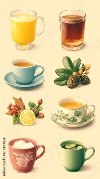 Obraz Variety of herbal teas and juices arranged aesthetically in unique cups on simple background