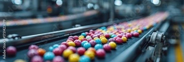 Fototapeta Colorful candy balls moving along a conveyor belt in a factory during production