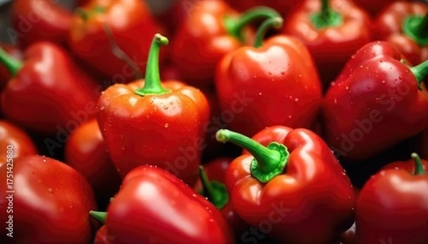 Fototapeta Vibrant red paprika peppers, freshly picked from the garden, glistening with dew drops Ready for cooking or preserving, these sweet peppers are bursting with flavor , red pepper, crunchy