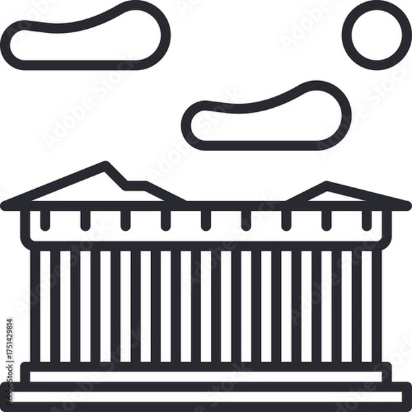 Obraz Ancient Greek Temple Facade Outline with Stylized Clouds in a Clear Sky Minimalist Line Art Representation