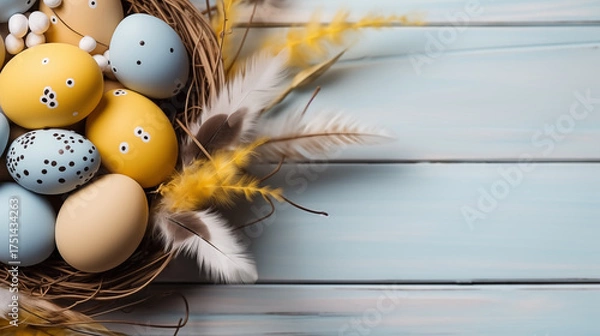 Obraz Background from different colored Easter egg in the nest on the wooden background