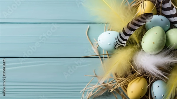 Fototapeta Background from different colored Easter egg in the nest on the wooden background