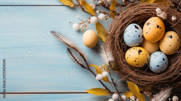 Obraz Background from different colored Easter egg in the nest on the wooden background