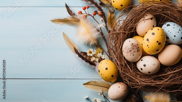 Obraz Background from different colored Easter egg in the nest on the wooden background