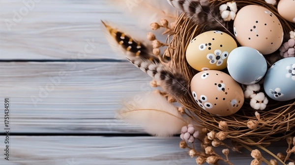 Obraz Background from different colored Easter egg in the nest on the wooden background