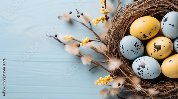 Fototapeta Background from different colored Easter egg in the nest on the wooden background