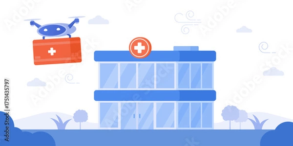 Fototapeta An illustration of a modern hospital or clinic building with a cross symbol, as a medical drone flies in to deliver a first aid kit, symbolizing future healthcare logistics and telemedicine.
